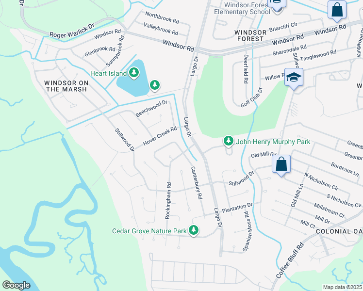 map of restaurants, bars, coffee shops, grocery stores, and more near 4 Canterbury Circle in Savannah