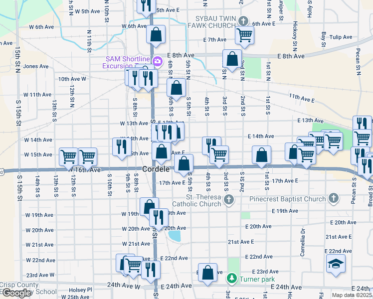 map of restaurants, bars, coffee shops, grocery stores, and more near 412 South 5th Street in Cordele