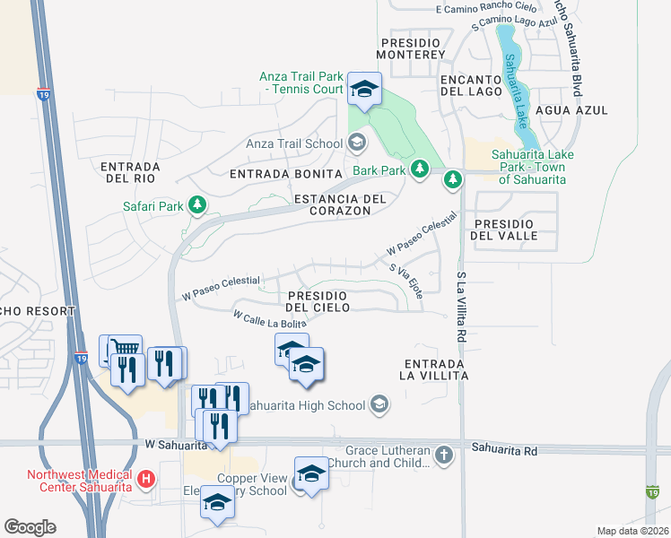 map of restaurants, bars, coffee shops, grocery stores, and more near 407 West Paseo Celestial in Sahuarita