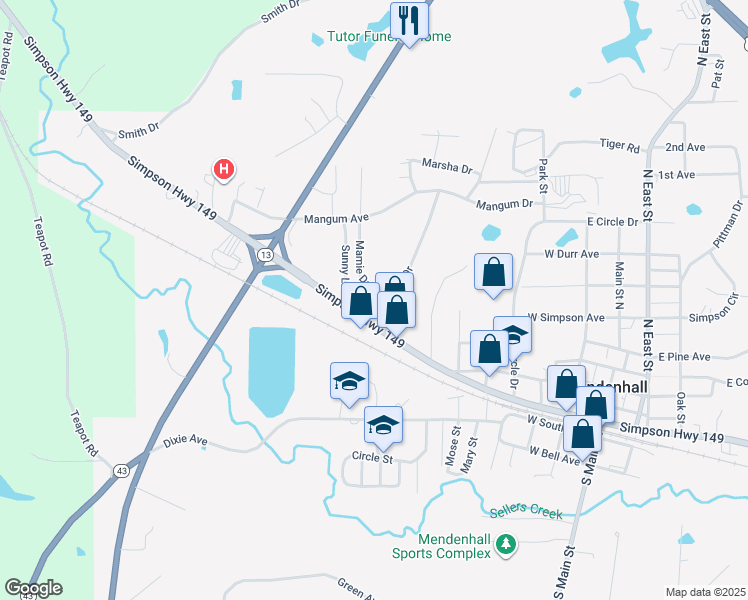 map of restaurants, bars, coffee shops, grocery stores, and more near 702 Mamie Drive in Mendenhall