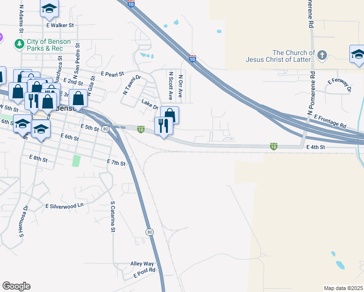 map of restaurants, bars, coffee shops, grocery stores, and more near 770 East 4th Street in Benson