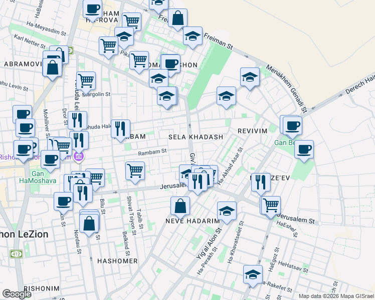 map of restaurants, bars, coffee shops, grocery stores, and more near Rambam Street in Be'er Sheva