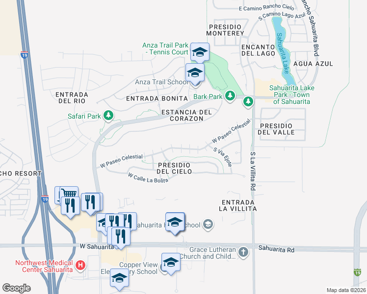 map of restaurants, bars, coffee shops, grocery stores, and more near 407 West Paseo Celestial in Sahuarita