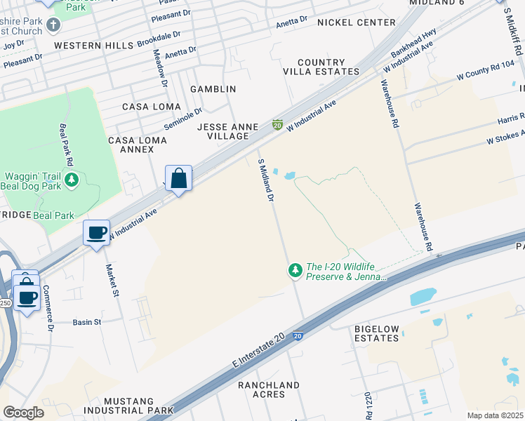 map of restaurants, bars, coffee shops, grocery stores, and more near 1902 South Midland Drive in Midland