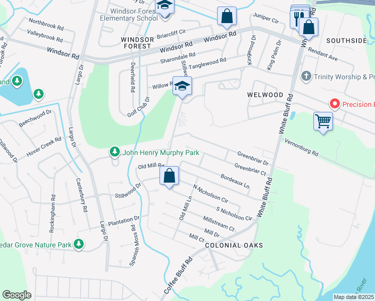 map of restaurants, bars, coffee shops, grocery stores, and more near 165 Greenbriar Court in Savannah