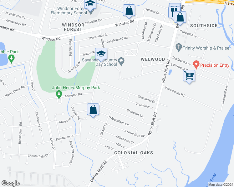 map of restaurants, bars, coffee shops, grocery stores, and more near 154 Greenbriar Court in Savannah