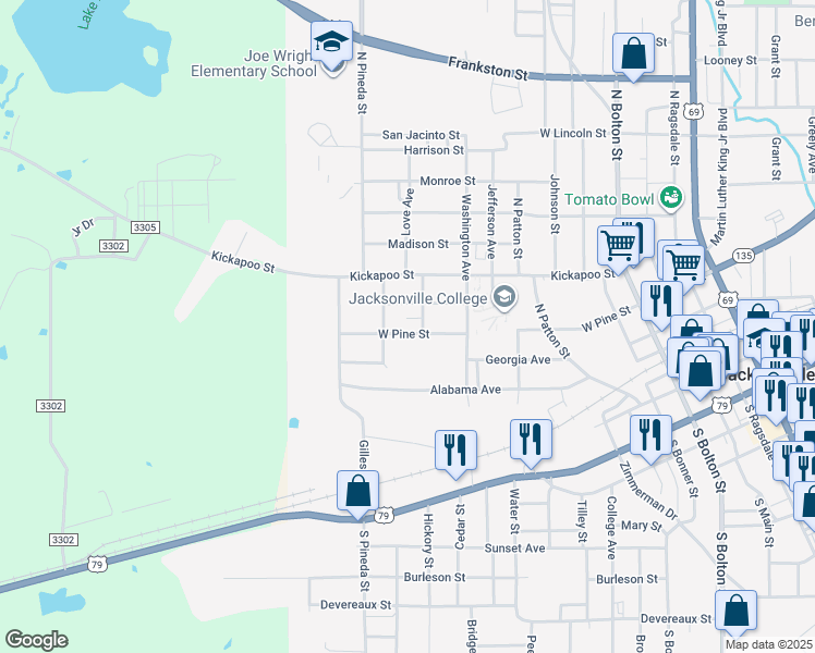 map of restaurants, bars, coffee shops, grocery stores, and more near 714 West Pine Street in Jacksonville