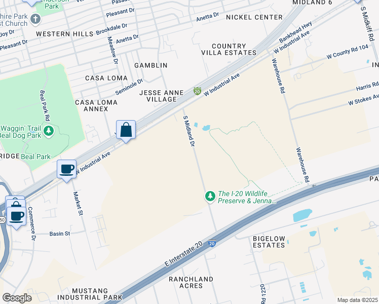 map of restaurants, bars, coffee shops, grocery stores, and more near 1902 South Midland Drive in Midland