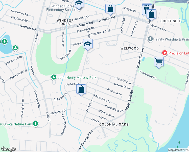 map of restaurants, bars, coffee shops, grocery stores, and more near 165 Greenbriar Ct in Savannah