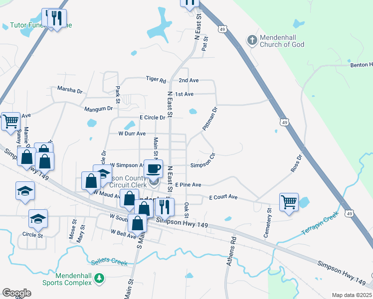 map of restaurants, bars, coffee shops, grocery stores, and more near 509 Oak Street in Mendenhall