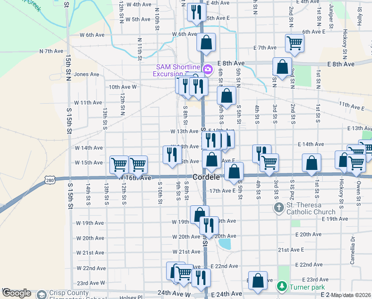 map of restaurants, bars, coffee shops, grocery stores, and more near 404 South 8th Street in Cordele