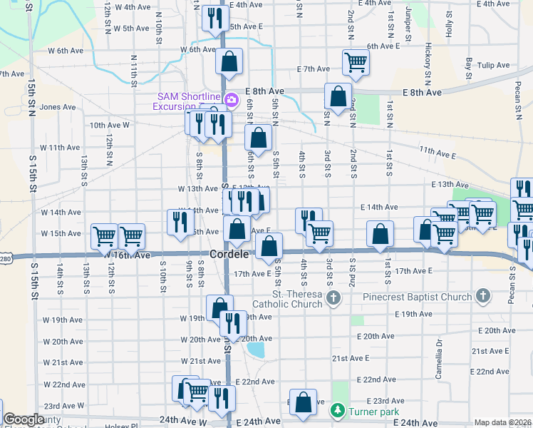 map of restaurants, bars, coffee shops, grocery stores, and more near 412 South 5th Street in Cordele