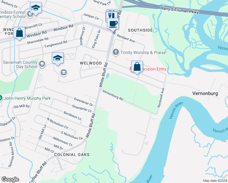 map of restaurants, bars, coffee shops, grocery stores, and more near 12 Vernonburg Road in Savannah