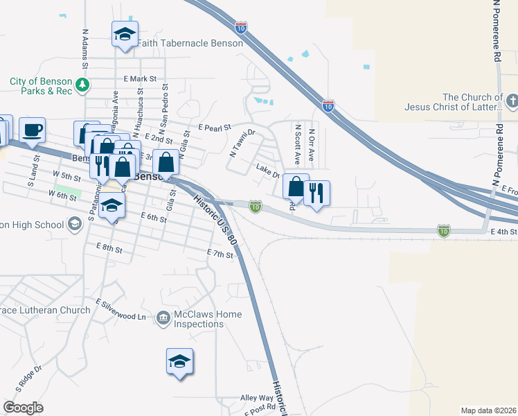 map of restaurants, bars, coffee shops, grocery stores, and more near 732 Interstate 10 Business in Benson