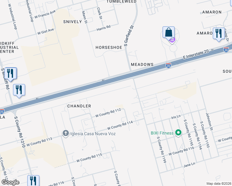 map of restaurants, bars, coffee shops, grocery stores, and more near 2301-2699 West County Road 110 in Midland