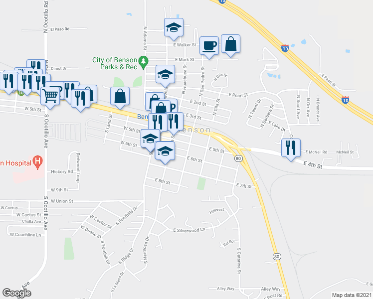 map of restaurants, bars, coffee shops, grocery stores, and more near 250 South San Pedro Street in Benson
