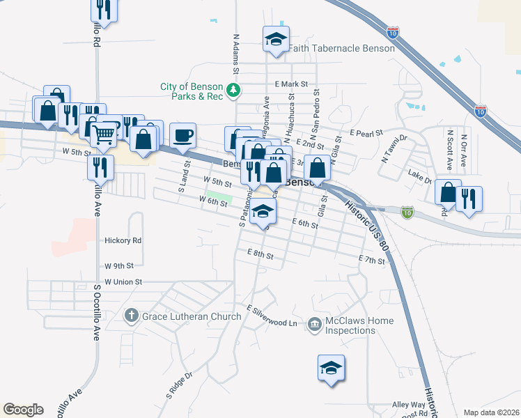 map of restaurants, bars, coffee shops, grocery stores, and more near 165 East 6th Street in Benson