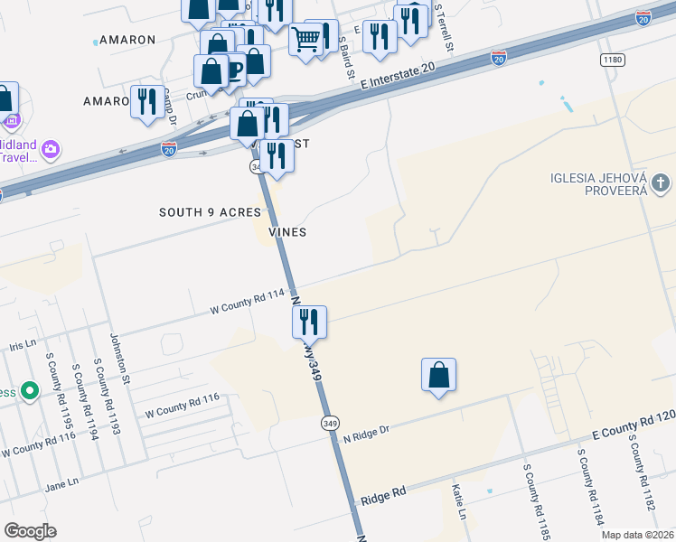 map of restaurants, bars, coffee shops, grocery stores, and more near 101-199 East County Road 114 in Midland
