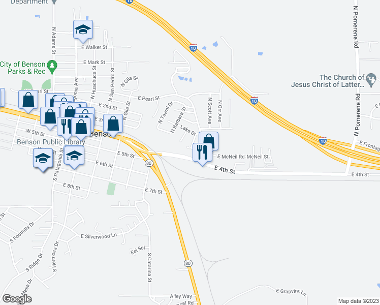 map of restaurants, bars, coffee shops, grocery stores, and more near 673 East 4th Street in Benson