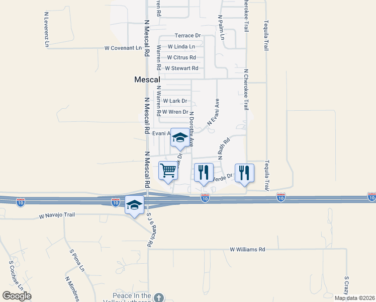 map of restaurants, bars, coffee shops, grocery stores, and more near 3164 West Barrel Cactus Lane in Benson