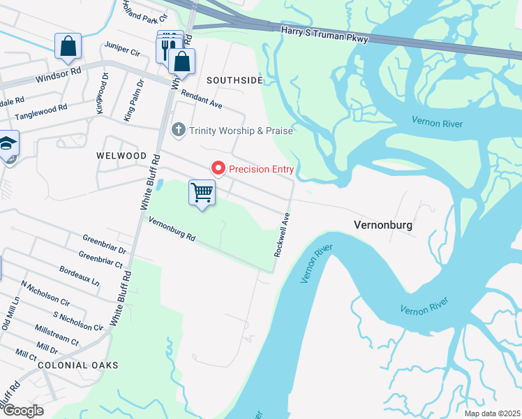 map of restaurants, bars, coffee shops, grocery stores, and more near 119 East Welwood Drive in Savannah
