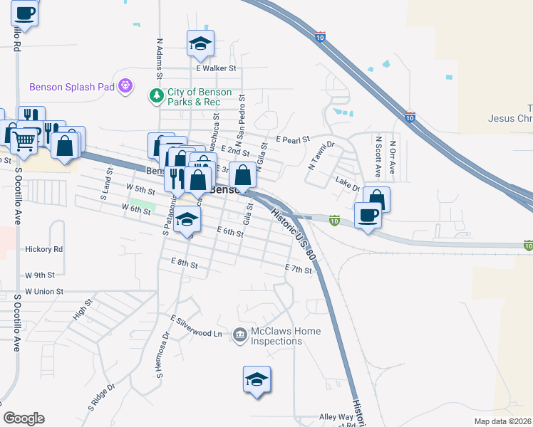 map of restaurants, bars, coffee shops, grocery stores, and more near 481 East 5th Street in Benson