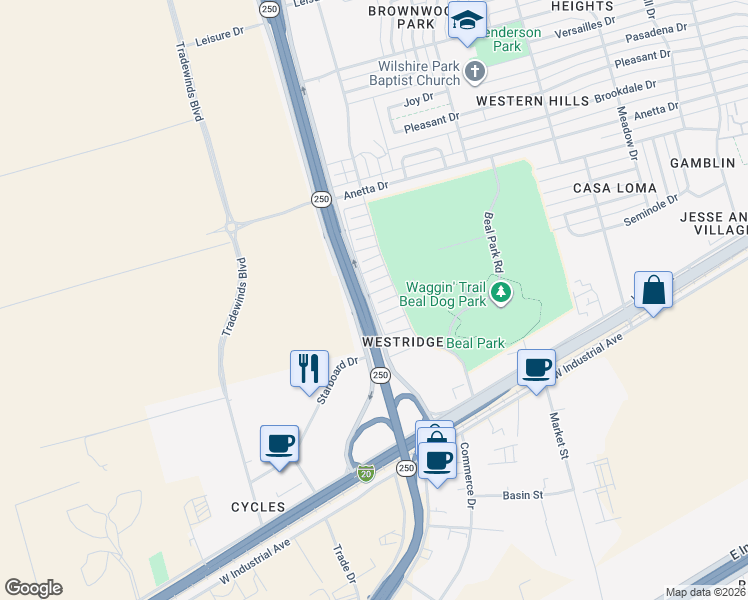 map of restaurants, bars, coffee shops, grocery stores, and more near 5311 East County Road 136 in Midland