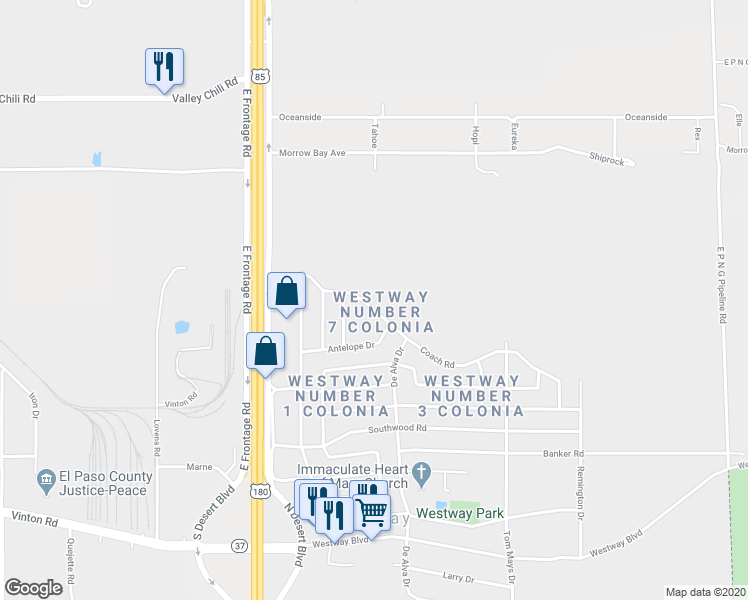 map of restaurants, bars, coffee shops, grocery stores, and more near 925 Coach Road in Canutillo