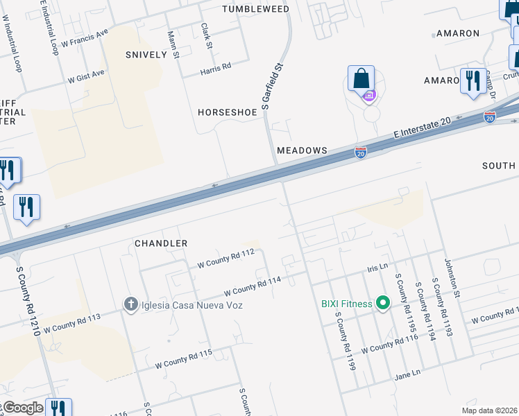 map of restaurants, bars, coffee shops, grocery stores, and more near 2301 Sunglo in Midland
