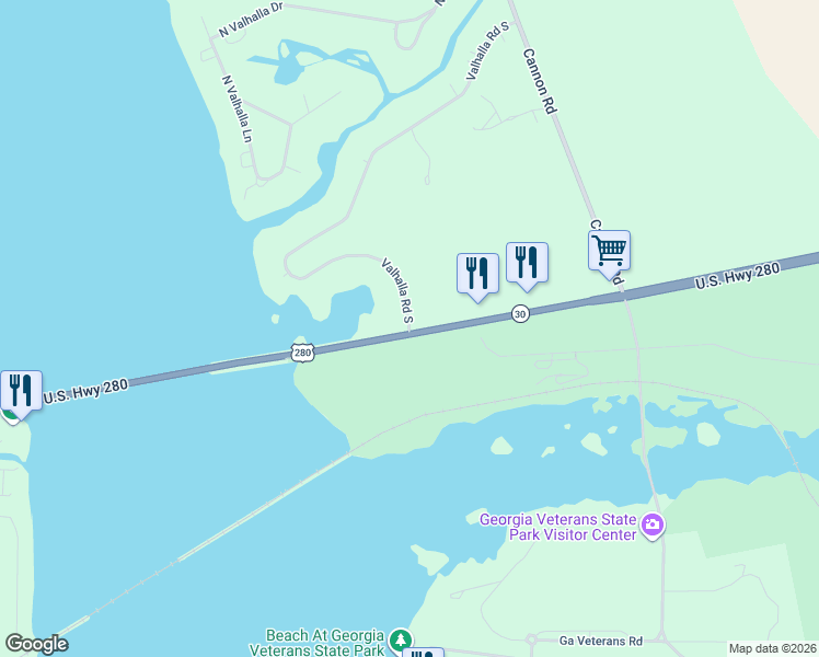 map of restaurants, bars, coffee shops, grocery stores, and more near 299 Valhalla Road South in Cordele