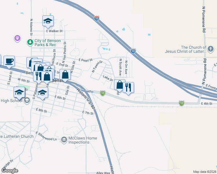 map of restaurants, bars, coffee shops, grocery stores, and more near 165 North Park Lane in Benson