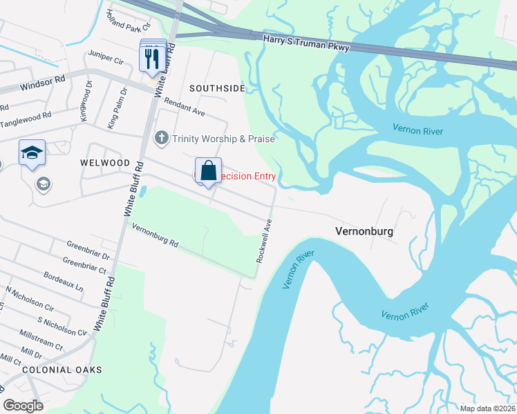 map of restaurants, bars, coffee shops, grocery stores, and more near 130 East Welwood Drive in Savannah