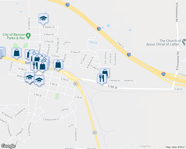 map of restaurants, bars, coffee shops, grocery stores, and more near 673 East 4th Street in Benson