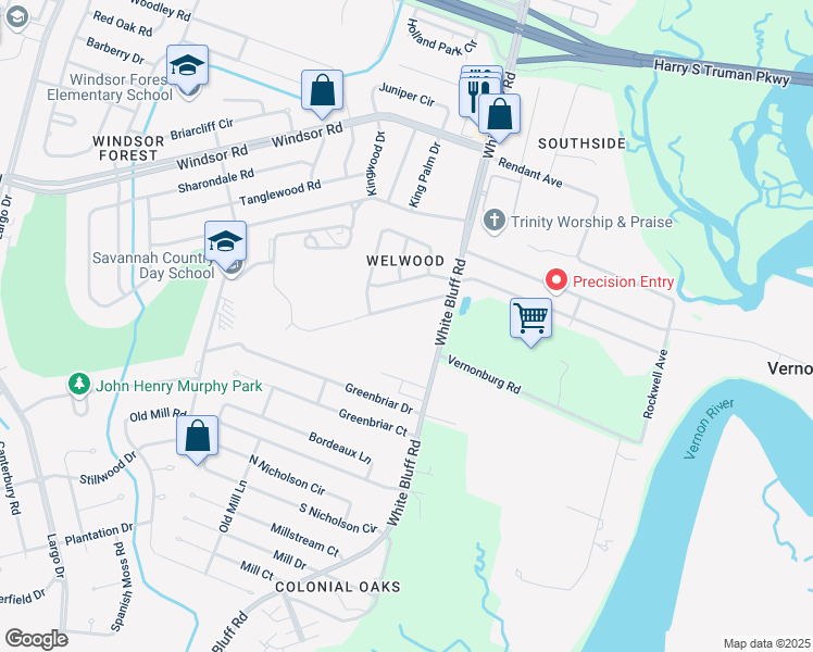 map of restaurants, bars, coffee shops, grocery stores, and more near 12825 White Bluff Road in Savannah