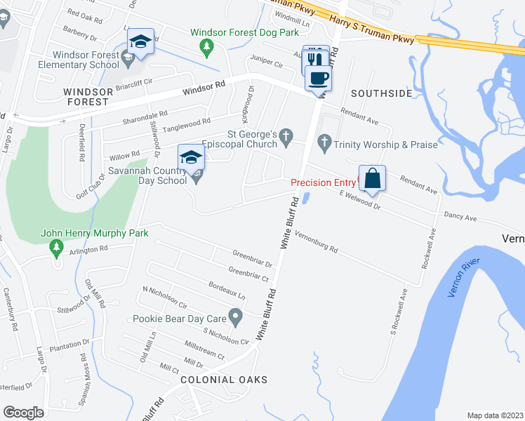 map of restaurants, bars, coffee shops, grocery stores, and more near 12825 White Bluff Road in Savannah