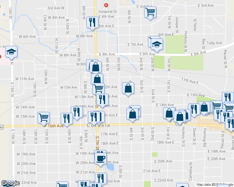 map of restaurants, bars, coffee shops, grocery stores, and more near 301 East 12th Avenue in Cordele