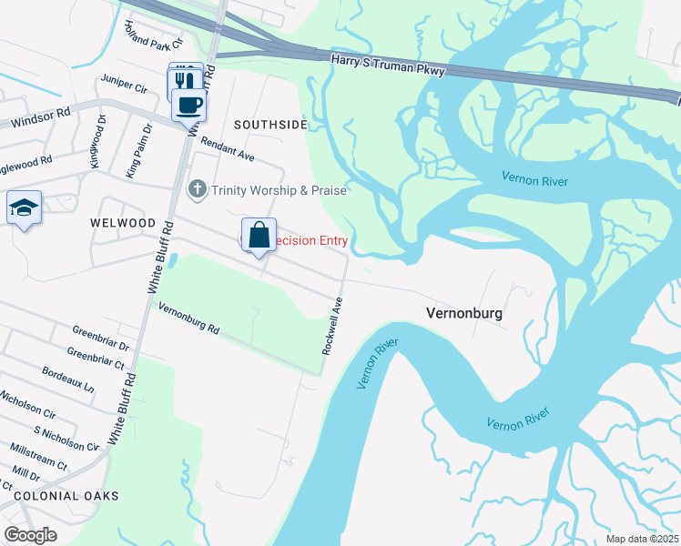map of restaurants, bars, coffee shops, grocery stores, and more near 423 Rendant Avenue in Savannah