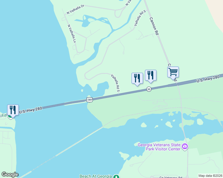map of restaurants, bars, coffee shops, grocery stores, and more near 250 Valhalla Road South in Cordele