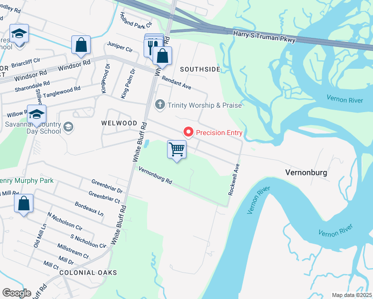 map of restaurants, bars, coffee shops, grocery stores, and more near 35 East Welwood Drive in Savannah