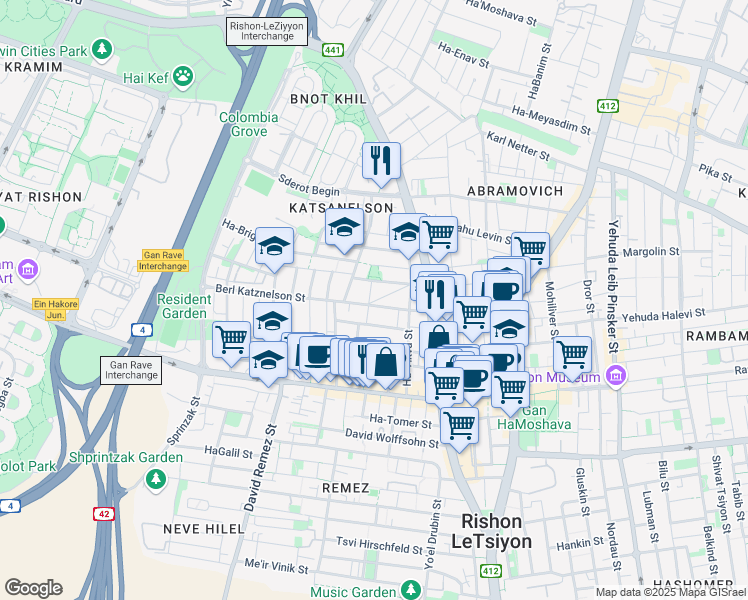 map of restaurants, bars, coffee shops, grocery stores, and more near 13 Tchernikhovski Street in Rishon LeZion
