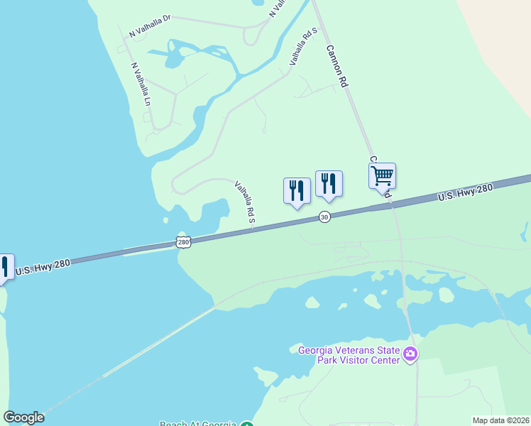 map of restaurants, bars, coffee shops, grocery stores, and more near 241 Valhalla Road South in Cordele