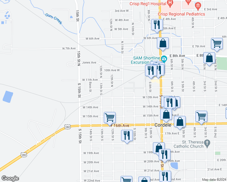 map of restaurants, bars, coffee shops, grocery stores, and more near 201 12th Street South in Cordele