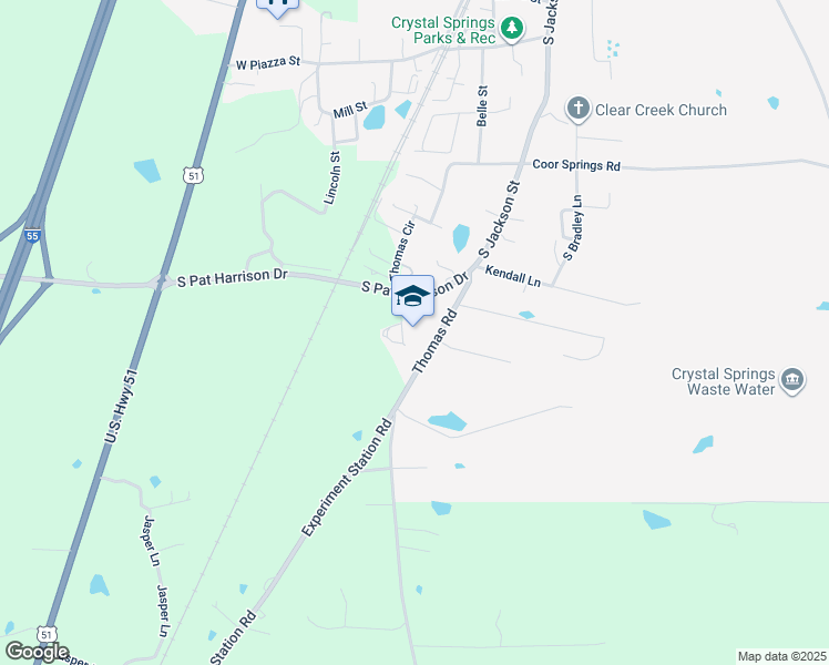 map of restaurants, bars, coffee shops, grocery stores, and more near 2092 South Pat Harrison Drive in Crystal Springs
