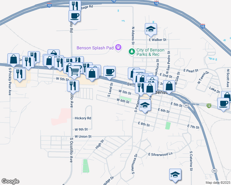 map of restaurants, bars, coffee shops, grocery stores, and more near 253 West 5th Street in Benson