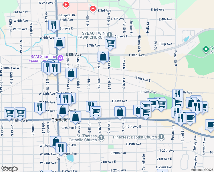 map of restaurants, bars, coffee shops, grocery stores, and more near 514 East 12th Avenue in Cordele
