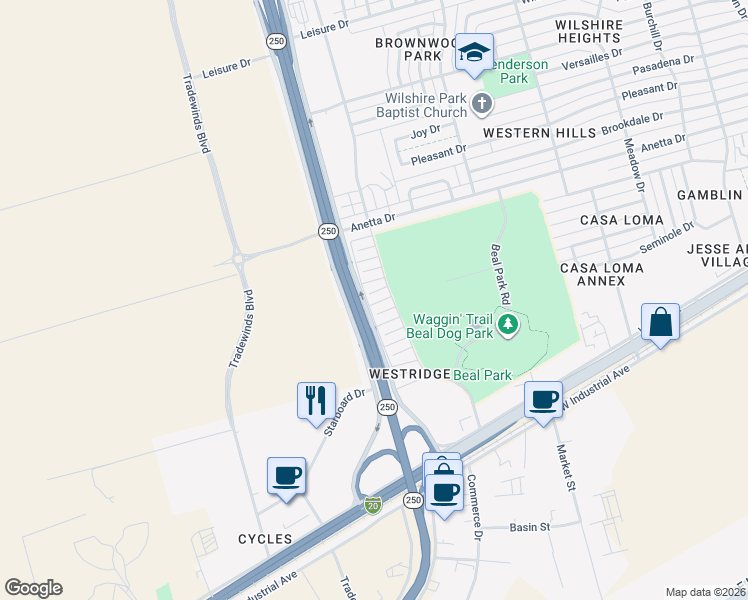 map of restaurants, bars, coffee shops, grocery stores, and more near 1343-1609 Loop 250 Frontage Road in Midland