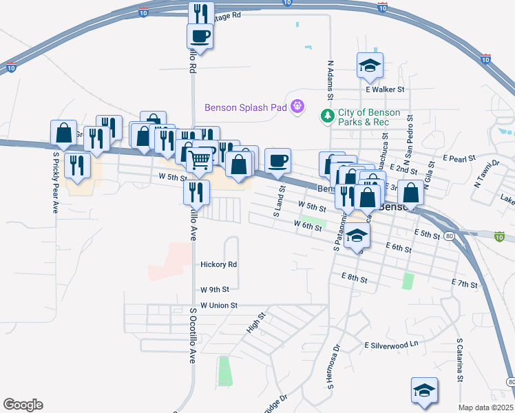 map of restaurants, bars, coffee shops, grocery stores, and more near 244 South Land Street in Benson