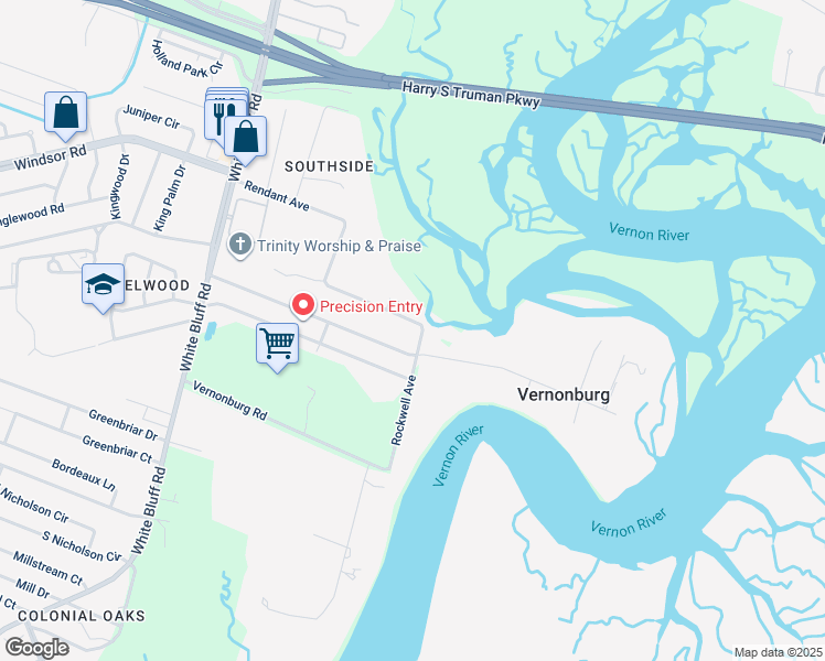 map of restaurants, bars, coffee shops, grocery stores, and more near 423 Rendant Avenue in Savannah