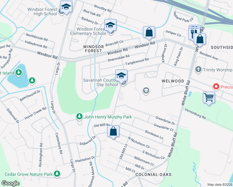 map of restaurants, bars, coffee shops, grocery stores, and more near 12827 Stillwood Drive in Savannah
