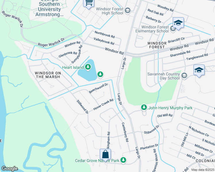 map of restaurants, bars, coffee shops, grocery stores, and more near 721 Beechwood Drive in Savannah